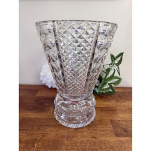 Heavy Cut Crystal Vase – Diamond and Fan Pattern European Art Glass Decor Floral